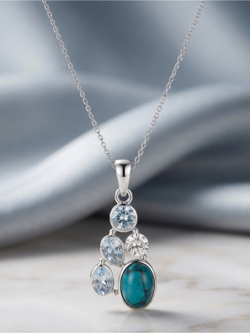 Sterling Silver Turquoise Drop Pendant Necklace - Blue - Picture 4 of 6